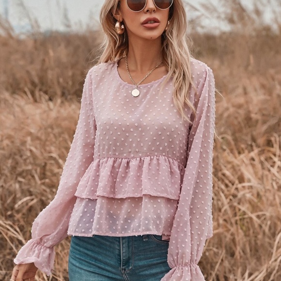 pink swiss dot ruffle babydoll long sleeve top - Picture 3 of 5